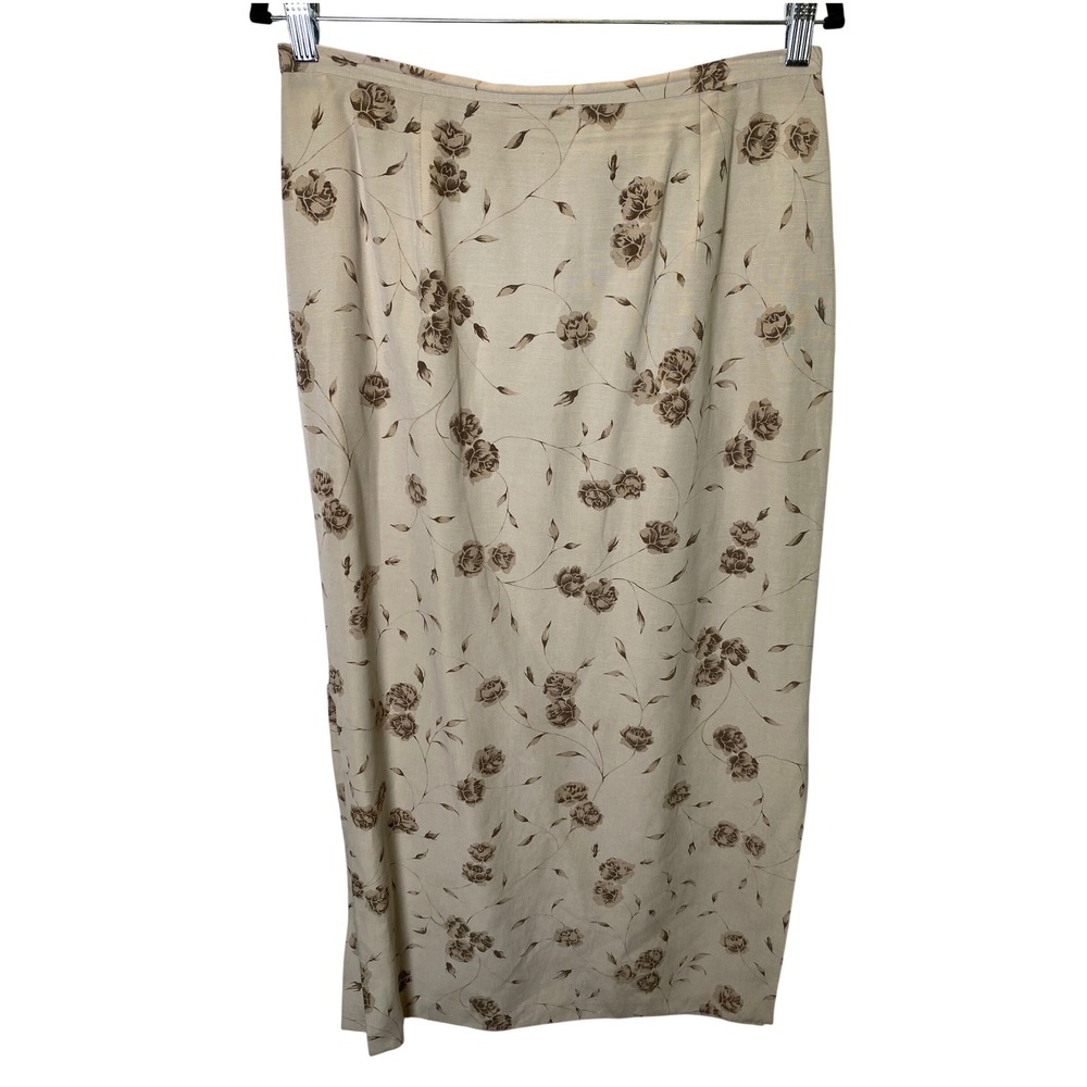 Studio G Maxi Skirt Womens 12 Beige Floral Silk Linen Blend Grandma Cottagecore